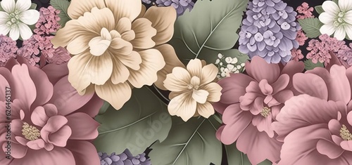 Luxury wallpaper, floral background, seamless pattern. Delicate romantic flowers, hydrangea, pink, beige, purple, white gypsophila, green leaves. Watercolor 3d illustration, texture. Generative AI