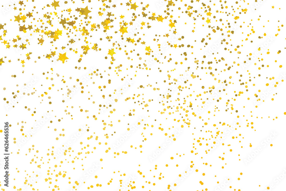 Stars golden glitter confetti isolated on blurred abstract white background. Festive holiday background. Celebration concept. Falling magic gold particles. Invitation mock up. Top view, flat lay