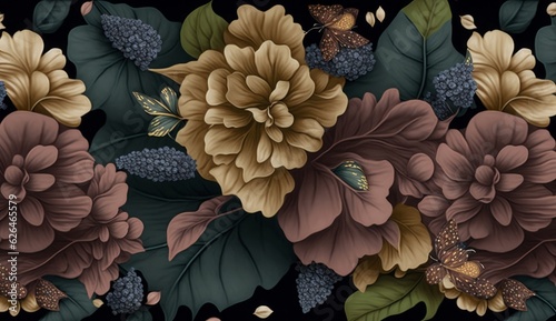 Floral seamless pattern with vintage hydrangea flowers, leaves, fireflies. Luxury 3d illustration. Premium wallpaper. Glamorous art. Bronze texture, dark background. Fabric printing, Generative AI