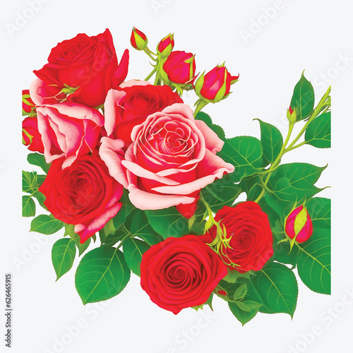 Realistic red rose blossoms, pink and white peony flowers elegant bouquet with green leaves