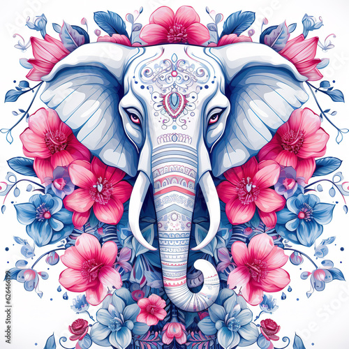 Image of pattern design using an elephant and flowers and leaves. Wildlife Animals. Illustration, Generative AI.
