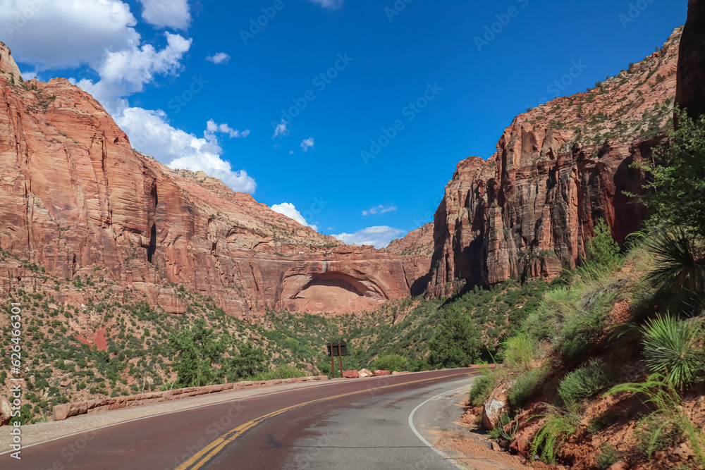 Mount Carmel U.S. scenic highway 9 to Canyon Overlook point in Zion National Park Canyon, Utah, USA. Uninhabited canyon with majestic rock formations, steep cliffs, mountains peaks. Panoramic drive Mount Carmel U.S. scenic highway 9 to Canyon Overlook point in Zion National Park Canyon, Utah, USA. Uninhabited canyon with majestic rock formations, steep cliffs, mountains peaks. Panoramic drive