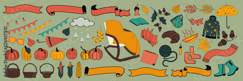 Big autumnal set. Cartoon colorful illustration with autumn symbols and attributes