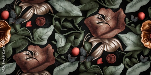 Abstract seamless graphic pattern with lips, butteflies, leaves and vintage flowers. Hand-drawn illustration. Glamorous design. Good for production wallpapers, cloth and fabric, Generative AI