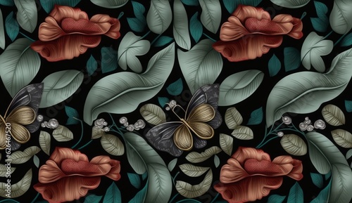 Abstract seamless graphic pattern with lips, butteflies, leaves and vintage flowers. Hand-drawn illustration. Glamorous design. Good for production wallpapers, cloth and fabric, Generative AI