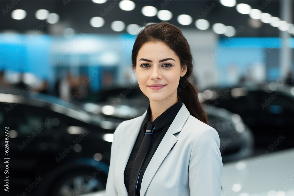 The beautiful female salesperson at a car showroom. Generative Ai.