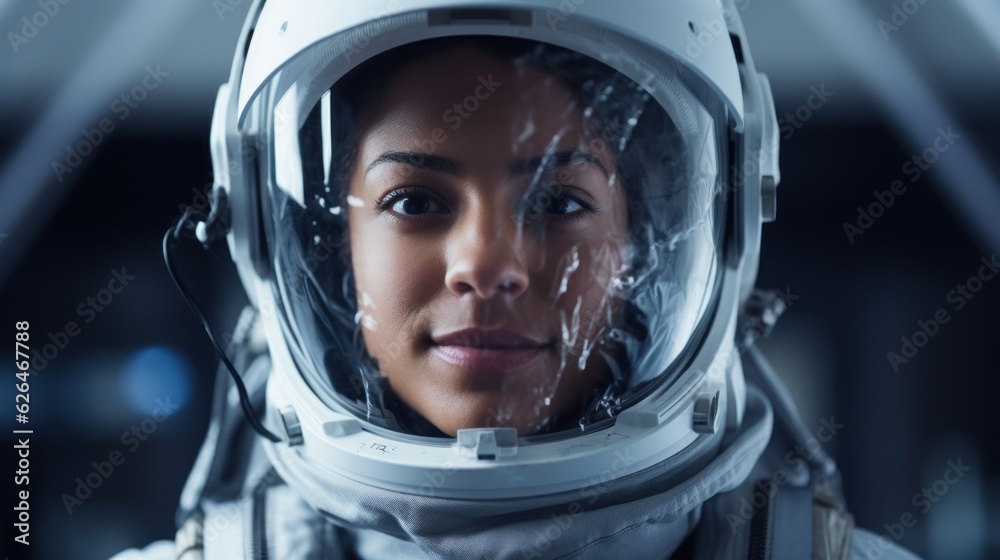 Portrait of female astronaut wearing spacesuit in the spaceship. Generative AI Portrait of female astronaut wearing spacesuit in the spaceship. Generative AI