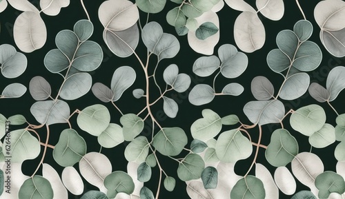 Botanical seamless pattern with vintage graphic silver dollar eucalyptus leaves. Hand-drawn illustration. Light gray background. Good for production wallpapers, cloth-fabric printing, Generative AI