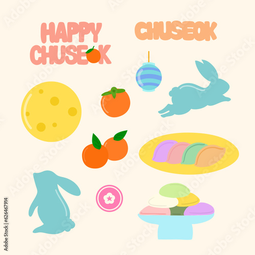 Happy Chuseok, Korean Thanksgiving Day, Lunar New Year, mid autumn festival icons including rabbit, orange, songpyeon rice cake, moon and persimmon.
