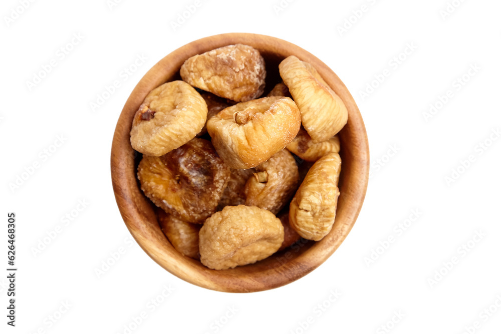 Dried figs in wooden bowl isolated on white background top view