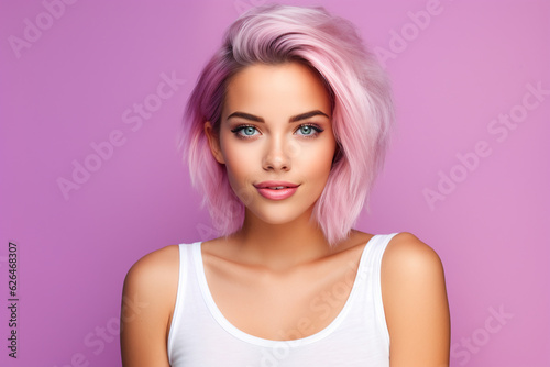 young woman wearing white tank top with short haircut and pink purple pastel colored hair