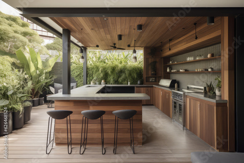 An outdoor entertainment area with a built-in barbecue and a bar setup, generative AI