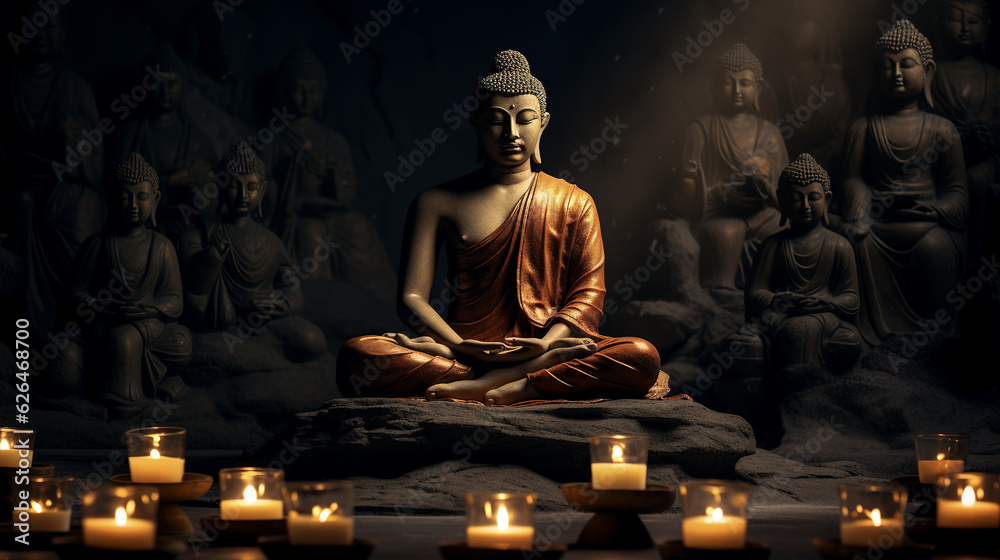 Buddha sitting on candle lotus pose and meditating near burning candles in dark cave concept of religion