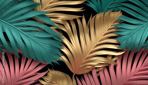 Tropical background, colorful textured palm leaves, golden, pink, green. Seamless pattern. Hand-drawn premium vintage 3d illustration. Luxury wallpapers, fabric printing, mural, cloth, Generative AI
