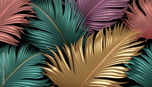 Tropical background, colorful textured palm leaves, golden, pink, green. Seamless pattern. Hand-drawn premium vintage 3d illustration. Luxury wallpapers, fabric printing, mural, cloth, Generative AI