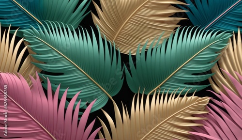 Tropical background, colorful textured palm leaves, golden, pink, green. Seamless pattern. Hand-drawn premium vintage 3d illustration. Luxury wallpapers, fabric printing, mural, cloth, Generative AI