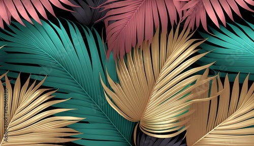 Tropical background, colorful textured palm leaves, golden, pink, green. Seamless pattern. Hand-drawn premium vintage 3d illustration. Luxury wallpapers, fabric printing, mural, cloth, Generative AI