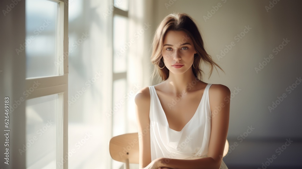 Close up portrait of young pretty brunette lady with wavy hair and tender glance looking on camera. Non-existent person. Generative Ai Close up portrait of young pretty brunette lady with wavy hair and tender glance looking on camera. Non-existent person. Generative Ai