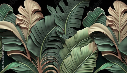 Tropical background, seamless border, luxury wallpaper, pattern, texture. Vintage green and beige banana leaves, palms, jungle. Hand-painted watercolor 3d illustration. Premium mural, Generative AI