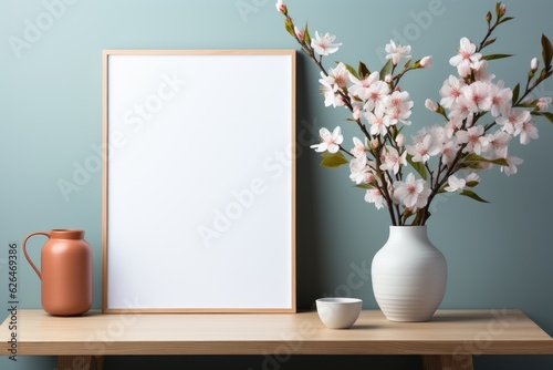 Mockup of a white blank frame on the table. Beautiful flower vase and minimalist decor.