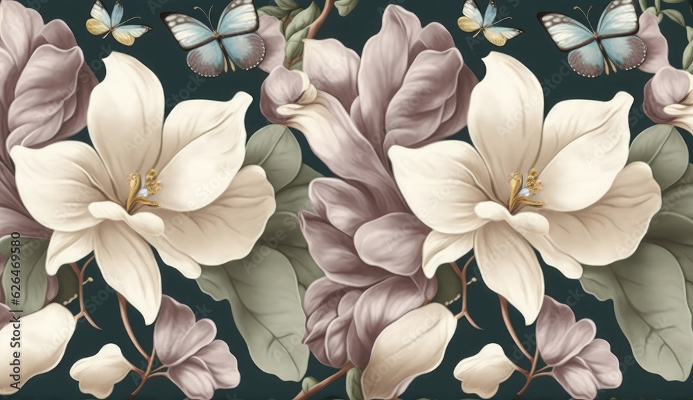 custom made wallpaper toronto digitalFloral background, seamless pattern. Big magnolia flowers, butterflies. Watercolor vintage 3d illustration. Blue abstract background. Luxury wallpaper, cloth, tapestry, fabric printing, Generative AI