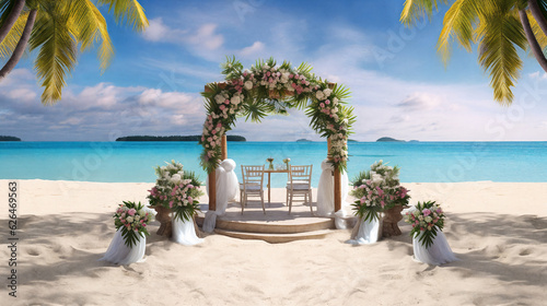 Wedding set on the beach. Generative AI