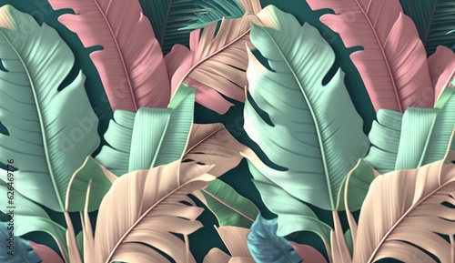 Pastel color banana leaves, palms. Tropical seamless pattern. Hand-painted vintage 3D illustration. Bright glamorous floral background design. Luxury wallpaper, cloth, fabric printing, Generative AI