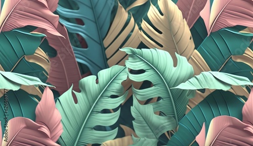 Pastel color banana leaves, palms. Tropical seamless pattern. Hand-painted vintage 3D illustration. Bright glamorous floral background design. Luxury wallpaper, cloth, fabric printing, Generative AI