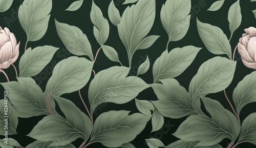 Botanical seamless pattern with vintage graphic peony leaves. Hand-drawn sketchy illustration. Good for production wallpapers, gift paper, cloth, fabric printing, Generative AI
