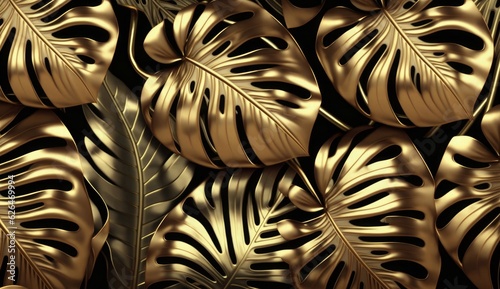 Golden seamless pattern with shiny monstera, palm leaves. Tropical exotic vintage hand-drawn 3d illustration. Premium bright background art design. Luxury wallpapers, mural, clothes, Generative AI