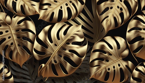 Golden seamless pattern with shiny monstera, palm leaves. Tropical exotic vintage hand-drawn 3d illustration. Premium bright background art design. Luxury wallpapers, mural, clothes, Generative AI