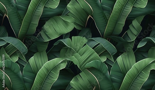 Seamless pattern with beautiful green tropical banana leaves. Hand-drawn vintage 3D illustration. Glamorous exotic abstract background. For luxury wallpapers, cloth, fabric print, goods, Generative AI