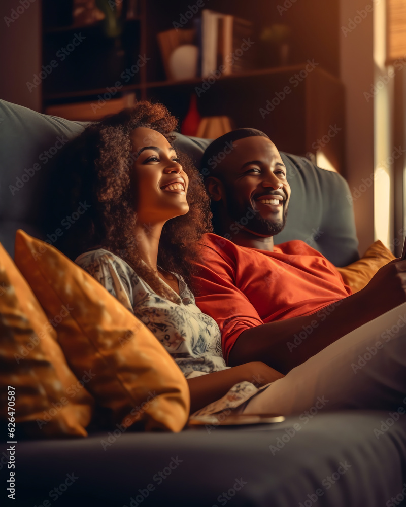 Generative AI : Side view portrait of two roommates watching tv sitting in a comfortable sofa in the living room at home Generative AI : Side view portrait of two roommates watching tv sitting in a comfortable sofa in the living room at home