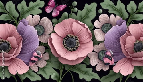 Pink anemone flowers, butterflies, green leaves. Floral background, seamless pattern. Hand-painted watercolor vintage 3d illustration. Dark abstract background. Luxury wallpaper, cloth, Generative AI