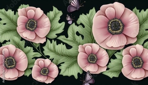 Pink anemone flowers, butterflies, green leaves. Floral background, seamless pattern. Hand-painted watercolor vintage 3d illustration. Dark abstract background. Luxury wallpaper, cloth, Generative AI