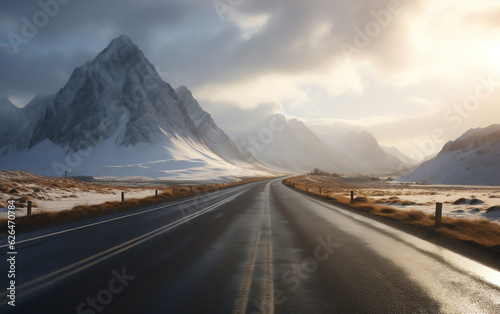 Generative AI : Snowy dangerous road in a solitary countryside landscape