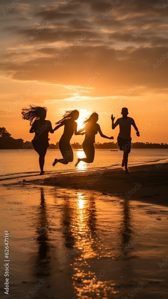 Generative AI : Three friends silhouettes jumping happy and raising arms on the beach at sunset