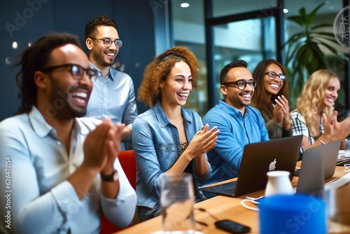 Generative AI : Three excited employees receiving good news on line in their laptops at office