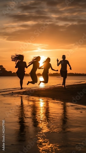 Generative AI : Three friends silhouettes jumping happy and raising arms on the beach at sunset
