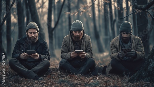 Generative AI : Three friends using multiple devices outdoors sitting outdoors in a park
