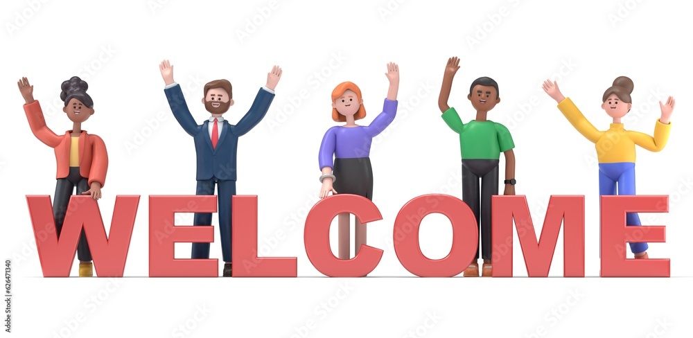 Set of different nationality people greeting gesture, waving hand. Concept new team member.3D rendering on white background.
