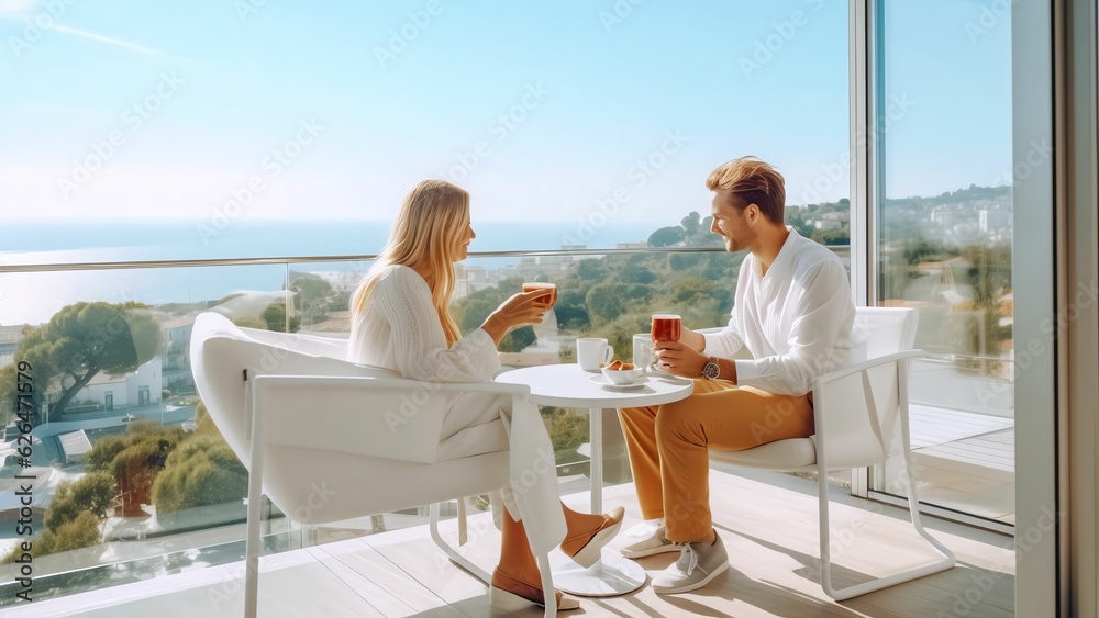 Obraz premium Generative AI : Two friends talking in an hotel terrace on holidays with the beach in the background