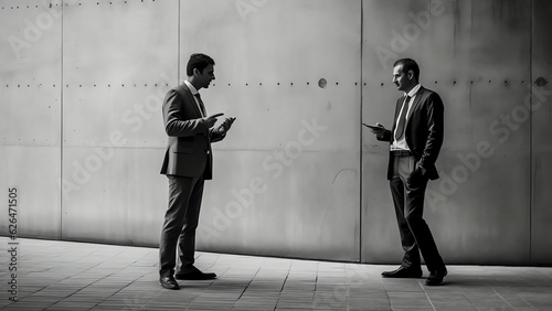 Generative AI : Two envious business competitors meeting and looking each other with hate on the street