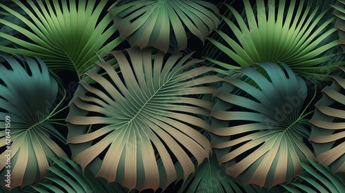 Tropical background with green textured palm leaves, foliage. Seamless pattern. Hand-drawn premium vintage 3d illustration. Luxury wallpapers, fabric printing, mural, cloth, poster, Generative AI