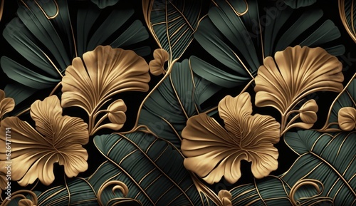 Tropical seamless pattern with golden hibiscus, vintage palm leaves, banana leaves. Hand-drawn premium 3D illustration. Glamorous exotic background. Good for luxury wallpapers, fabric, Generative AI