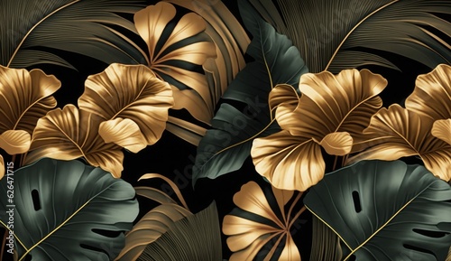 Tropical seamless pattern with golden hibiscus, vintage palm leaves, banana leaves. Hand-drawn premium 3D illustration. Glamorous exotic background. Good for luxury wallpapers, fabric, Generative AI