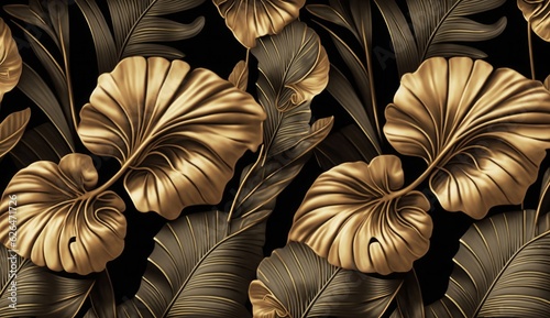 Tropical seamless pattern with golden hibiscus, vintage palm leaves, banana leaves. Hand-drawn premium 3D illustration. Glamorous exotic background. Good for luxury wallpapers, fabric, Generative AI