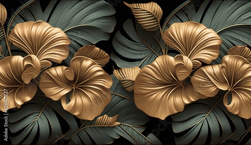 Tropical seamless pattern with golden hibiscus, vintage palm leaves, banana leaves. Hand-drawn premium 3D illustration. Glamorous exotic background. Good for luxury wallpapers, fabric, Generative AI