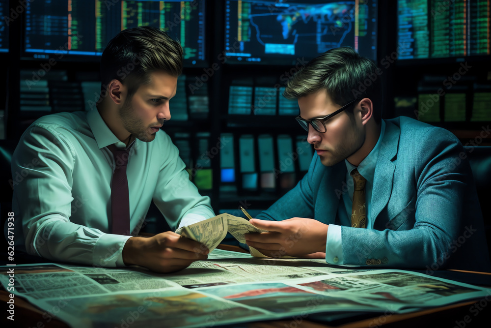 Generative AI : Two worried executives reading documents complaining after discover a mistake sitting in a bar Generative AI : Two worried executives reading documents complaining after discover a mistake sitting in a bar