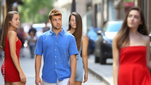 Generative AI : Unfaithful man hugging his girlfriend while is looking another one in the street photo